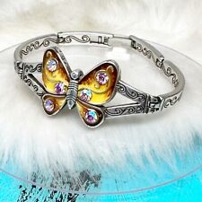 Brighton Papillion Butterfly Pink Crystal Yellow Enamel Silver Plate NWOT 7"