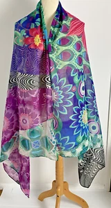 Desigual Large Scarf Shawl Wrap Sarong Pink Blue Purple Floral Art - Picture 1 of 17