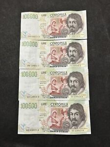 4 x 1994 Bank Of Italy 100,000 Lira Banknotes - Pre Euro