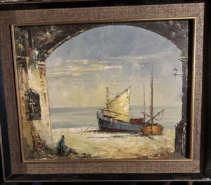 P.G. Tiele, original, oil on canvas painting, signed, framed, Old Fishing Boats - Picture 1 of 5