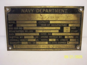 NAVY DEPARTMENT 1956 CHEVY PICKUP BRASS ID PLATE MODEL 3104 6" x 3 1/2" MAN CAVE - Picture 1 of 2