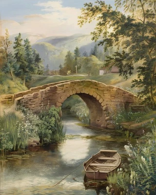 Antiguo puente de piedra en el bosque | Escena de río sereno y bote de remos | Museo de bellas artes Foto 1 de 2