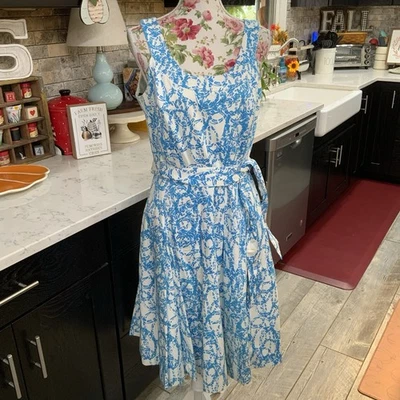 Calvin Klein Midi Dress Womens Sz 12 Blue White Fit & Flare Garden Party Preppy - Image 1 of 4