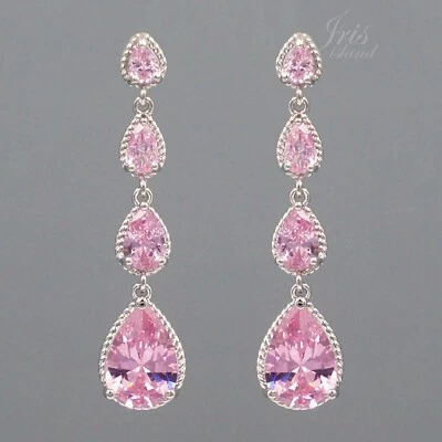 Pendientes colgantes lágrima boda circonita cúbica rosa chapados en oro blanco para mujer 08 Foto 1 de 4