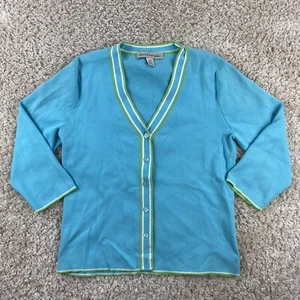 david brooks womens medium 3/4 sleeve v-neck blue white green sweater button up - Picture 1 of 5