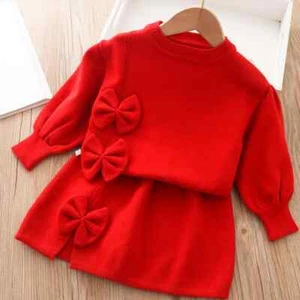 Clothing Set 2-piece Long Sleeved Sweater Set Autumn/Winter Sweatshirt+Skirt Set - Picture 1 of 26