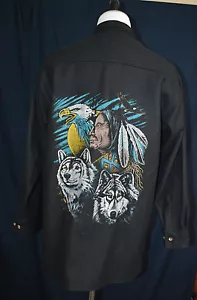 Vintage Navajo Western Aztec Indian Wolf Eagle Wool Flannel Jacket Shirt Large L - Picture 1 of 7