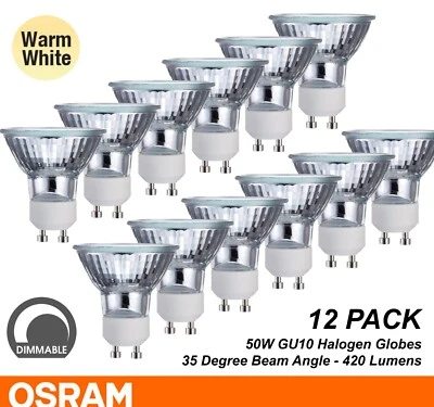 12 x 50W GU10 Halogen Reflector Globes Bulbs Lamp Dimmable 240V OSRAM Warm White - Image 1 of 4