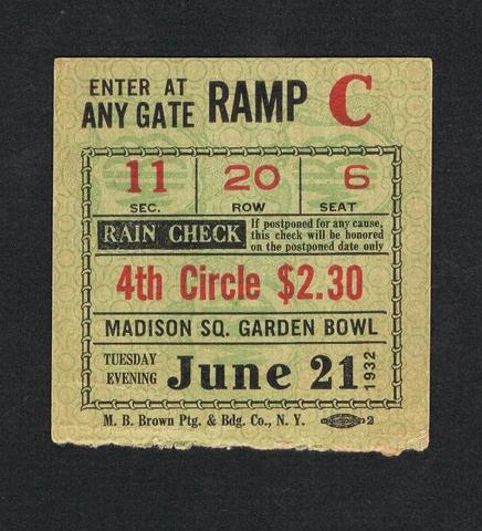 RARE 1932 Max Schmeling vs Jack Sharkey boxing ticket Jim Braddock Garden Bowl Cover