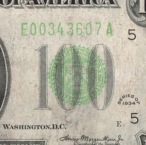 Lime Green Seal 1934 Richmond One Hundred Dollar Bill E00343607A E1 Back 80 - Picture 1 of 11