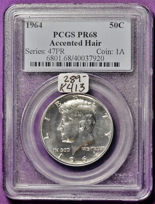 1964 John F Kennedy Half Dollar.  Accented Hair.  PCGS Holder. PR 68.  k413 - Image 1 of 2