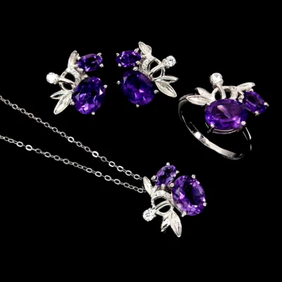 БОГАТЫЙ АМЕТИСТ СЕРЬГИ КОЛЬЦО И ОЖЕРЕЛЬЕ W/БЕЛЫЙ CZ .925 СЕРЕБРО 14K WGP - Изображение 1 из 3