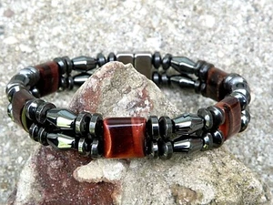 Herren Damen Bi-Cone rote Tiger Auge magnetisches Armband Fußkettchen 2-reihige Therapie - Bild 1 von 5