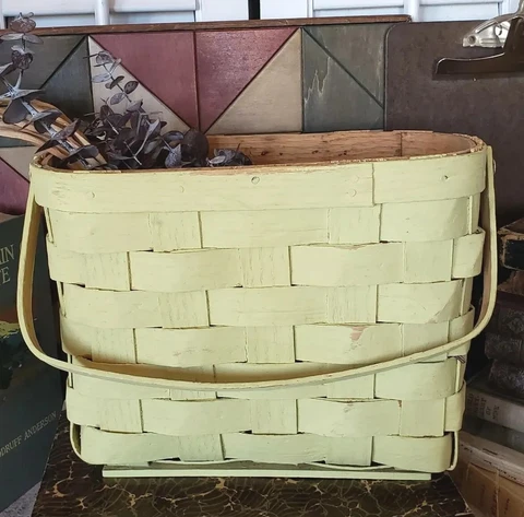 Vintage Handmade Oak Splint Farm Basket, Bentwood Swing Handle, Painted Yellow Cover