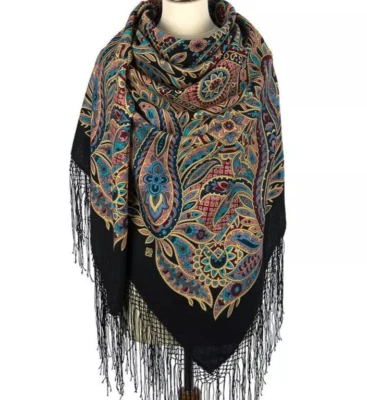 58" Scarf merino wool Russian big square black coral turquoise PavlovoPosad 356 - Image 1 of 4