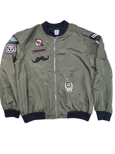 Upcycled Bomber Jacket Youth Sz 2XL Patches Cute Light Weight Military Green - Picture 1 of 16
