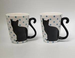 Black Cat Tail 10 Ounce Coffee Tea Mugs Home Style Kitchen blue dots - Picture 1 of 12