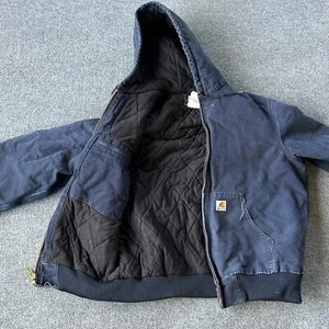 Carhartt Jacket Mens Large J140 DNY Dark Navy Firm Duck Coat Active Jac VTG Hood - Imagen 1 de 12