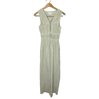 Monteau Cotton Blend Textured Green White Stripe Sleeveless Wide Leg Jumpsuit XS - Image 1 of 4