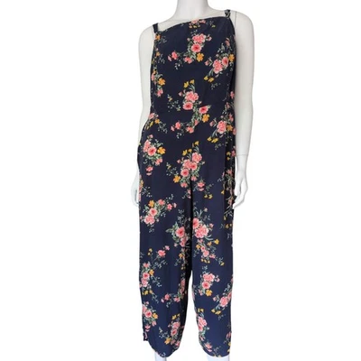 Mono Floral De Gran Tamaño Pierna Ancha Mono Mediano Boho Cottage Country Antiguo Azul Marino Foto 1 de 4