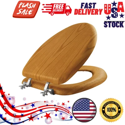 Asiento de inodoro de madera alargada de roble natural con bisagra cromada Foto 1 de 4