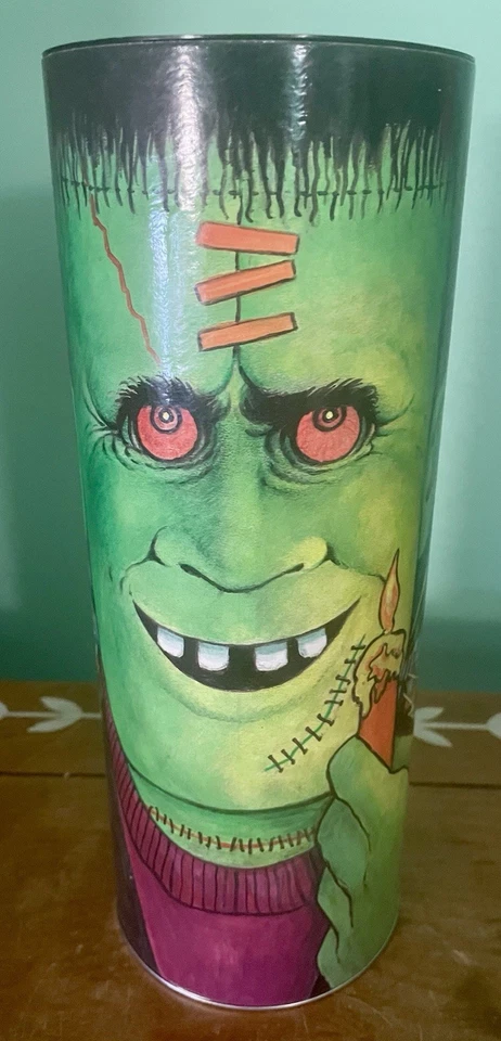 Green Frankenstein Monster Chocolate Chip Cookies Tin Jar With Lid Vintage  - Image 1 of 4