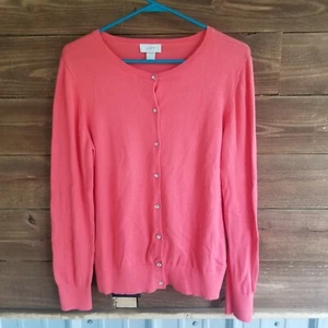 Ann Taylor Loft Womens Pink Peach Rhinestone Button Cardigan Sweater Ladies Sz L - Picture 1 of 6