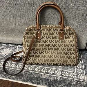 Michael Kors MK Signature Jacquard Large Satchel Brown Beige - Picture 1 of 9