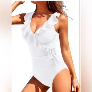 One Piece Swimsuit Women Tummy Control Bathing Suit Ruffle V Neck Swimwear XL - Picture 1 of 13