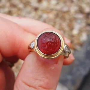 Vintage 18 Ct Yellow Gold Diamond And Tourmaline Cameo Ring, 7 Gm - Picture 1 of 17