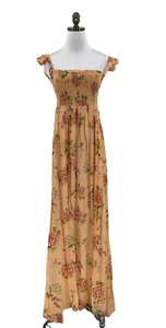 Leandra Voila Agua Bendita Orange Floral Smocked Double Slit Maxi Dress - Picture 1 of 5