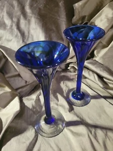 2 cobalt blue champagne flutes clear base handblown rough pontil unbranded - Picture 1 of 12