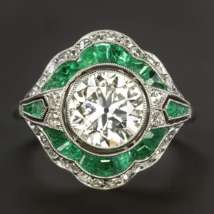 1.89ct DIAMOND EMERALD VINTAGE STYLE COCKTAIL RING OLD CUT PLATINUM CERTIFIED - Picture 1 of 2