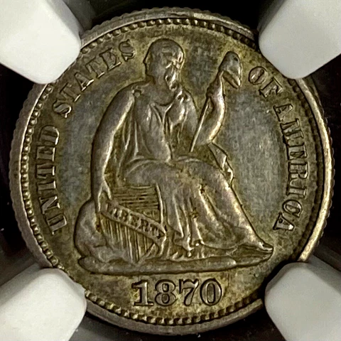 NGC AU-58!  1870 SEATED LIBERTY HALF DIME Cover
