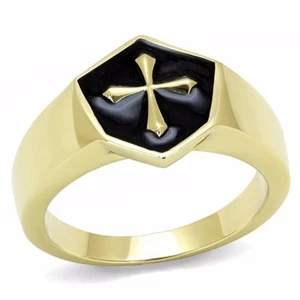 Medieval Cross in Synthetic Onyx Shield Shape Gold IP Stainless Steel Mens Ring - Picture 1 of 4