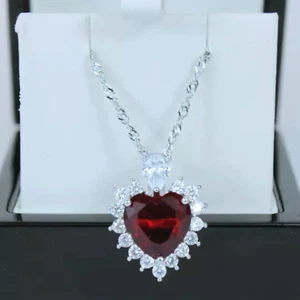 Timeless White Gold Finish Created Diamond & Red Ruby Heart Cut Cluster Pendant - Picture 1 of 5
