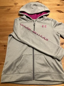 Under Armour Jacket Girls Grey Pink Loose Fit Full Zip Gym Youth XL YXL Hoodie - Picture 1 of 11