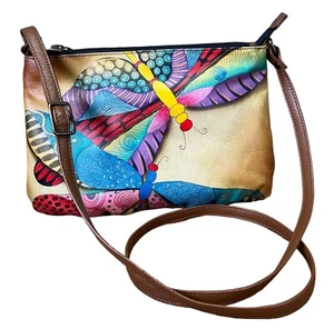 Vtg Anna by Anuschka Crossbody Butterfly Hand Painted Leather Handbag 12 X 7 In - Picture 1 of 12