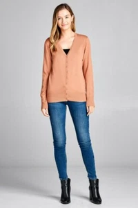 Tan Beige V Neck Button Down Long Sleeve Soft Stretch Light Sweater Cardigan - Picture 1 of 4
