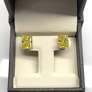 3ct Radiant Yellow Diamond Stud Solitaire Earrings Women 14k White Gold Finish - Picture 1 of 3