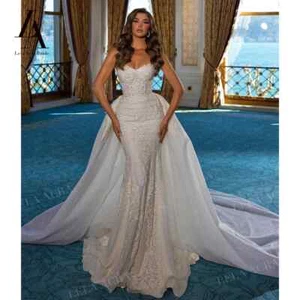 Sexy Sleeveless Mermaid Wedding Dresses Strapless Detachable Train Bridal Gowns - Picture 1 of 9