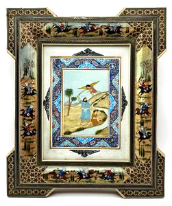 Raro arte con incrustaciones de marquetería Khatam Kari Abraham e Isaac Génesis 22 representación bíblica - Imagen 1 de 12