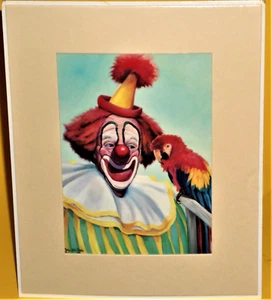 Cathy Ann Gates Vintage 1985 Zirkusclown mit Papagei Kunstdruck mattiert versiegelt Litho - Bild 1 von 5