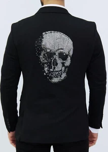 Designer Sakko Totenkopf Strass Steine Schwarz Blazer Jacke Talliert Slim Fit 54 - Bild 1 von 10