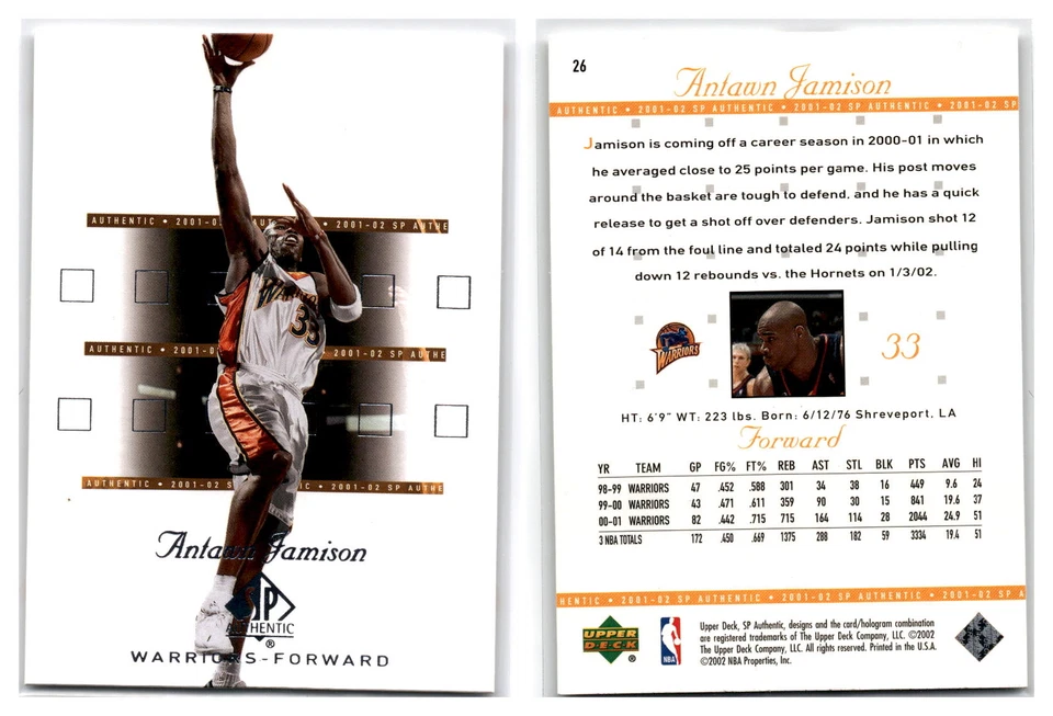 2001-02 SP Authetic #26 Antawn Jamison - Golden State Warriors - Image 1 of 1