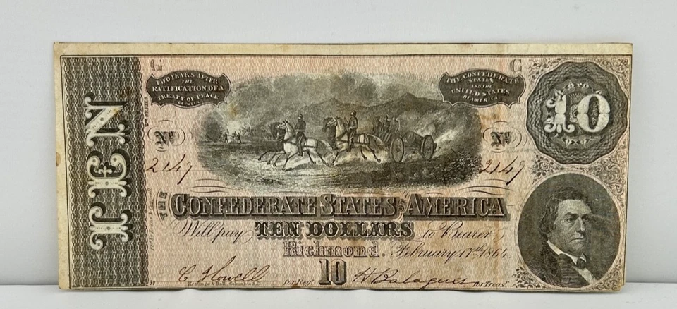 1864 $10 Confederate States America Richmond Ten Dollar Currency Note Fr# CS-68 - Image 1 of 4