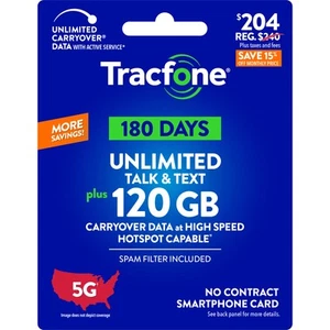Tracfone $204 llamadas y mensajes de texto ilimitados, 120 GB / 180 días (tarjeta física) - Imagen 1 de 5