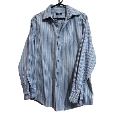 Camisa de vestir Alfani para hombre con botones azul blanco negro a rayas mediana Foto 1 de 3