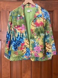 Nancy Bolen City Girl 100 % Seide tropischer Druck vorne offen Jacke Damen Große L - Bild 1 von 4