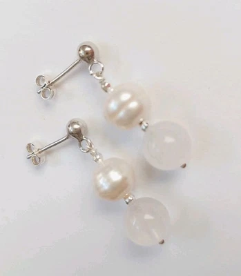 Orecchini pendenti in argento 925 con quarzo rosa e perle bianche con ematite  - Immagine 1 di 4